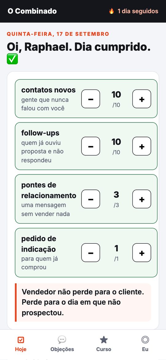 Tela Hoje do app: quatro metas com contadores e a grade de 30 dias